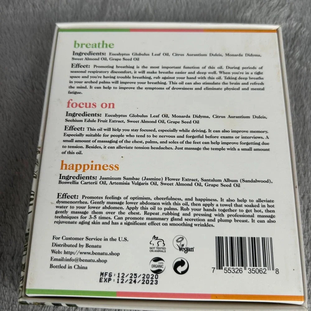 BeNatu Essential Oil Roll On Set 3pk Breathe Focus Happiness 10ml Aromatherapy